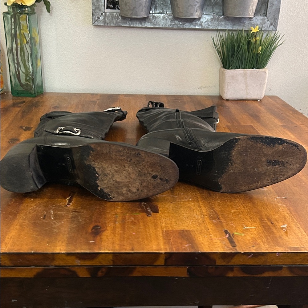 Coach Black Leather Knee-High Heeled Boots with Buckle Details - Picture 8 of 10